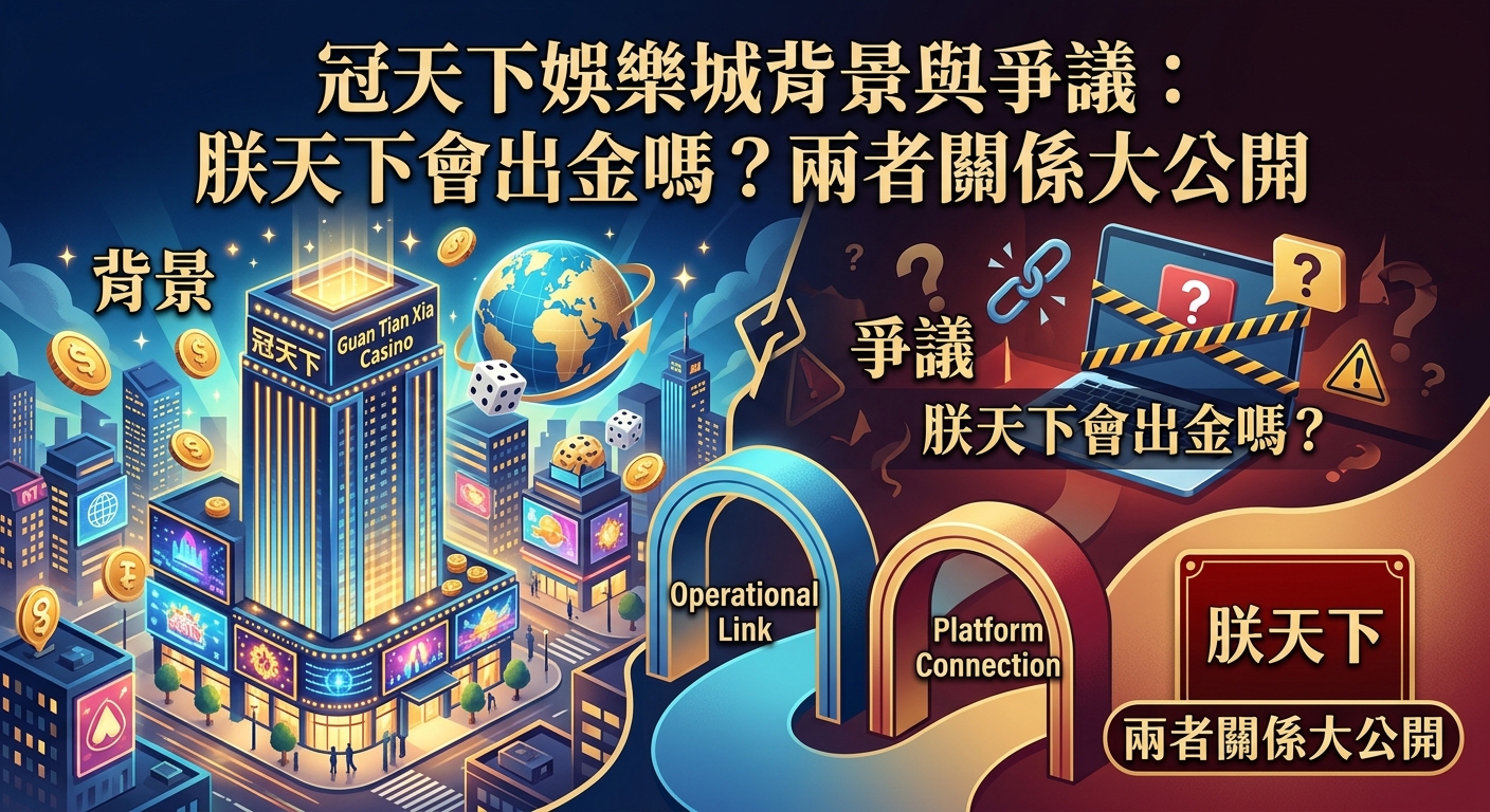 這張圖片以對比風格呈現,左側是亮麗繁華的冠天下娛樂城建築與金幣,右側則是帶有疑問與警示符號的網路爭議畫面。 兩者中間由象徵關聯的橋樑連接,上方則以醒目的金色繁體中文顯示文章標題「冠天下娛樂城背景與爭議:朕天下會出金嗎?兩者關係大公開」。