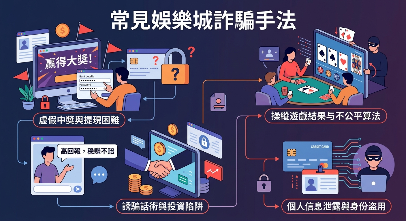 這張圖片以繁體中文「常見娛樂城詐騙手法」為主題，採用現代向量插畫風格呈現。 畫面詳細展示了虛假中獎、操縱遊戲結果、誘騙投資與個人資訊洩漏等多種常見的線上賭博詐騙情境。