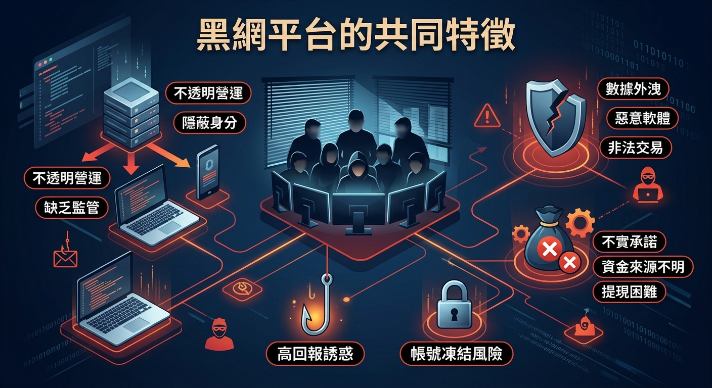 這張圖片呈現了一個數位治安與網路詐騙主題的資訊圖表，主題為「黑網平台的共同特徵」。 畫面中結合了伺服器、釣魚鉤、被鎖定的帳號與暗影人影等視覺元素，展示出不透明營運、高回報誘惑及帳號凍結等常見風險。